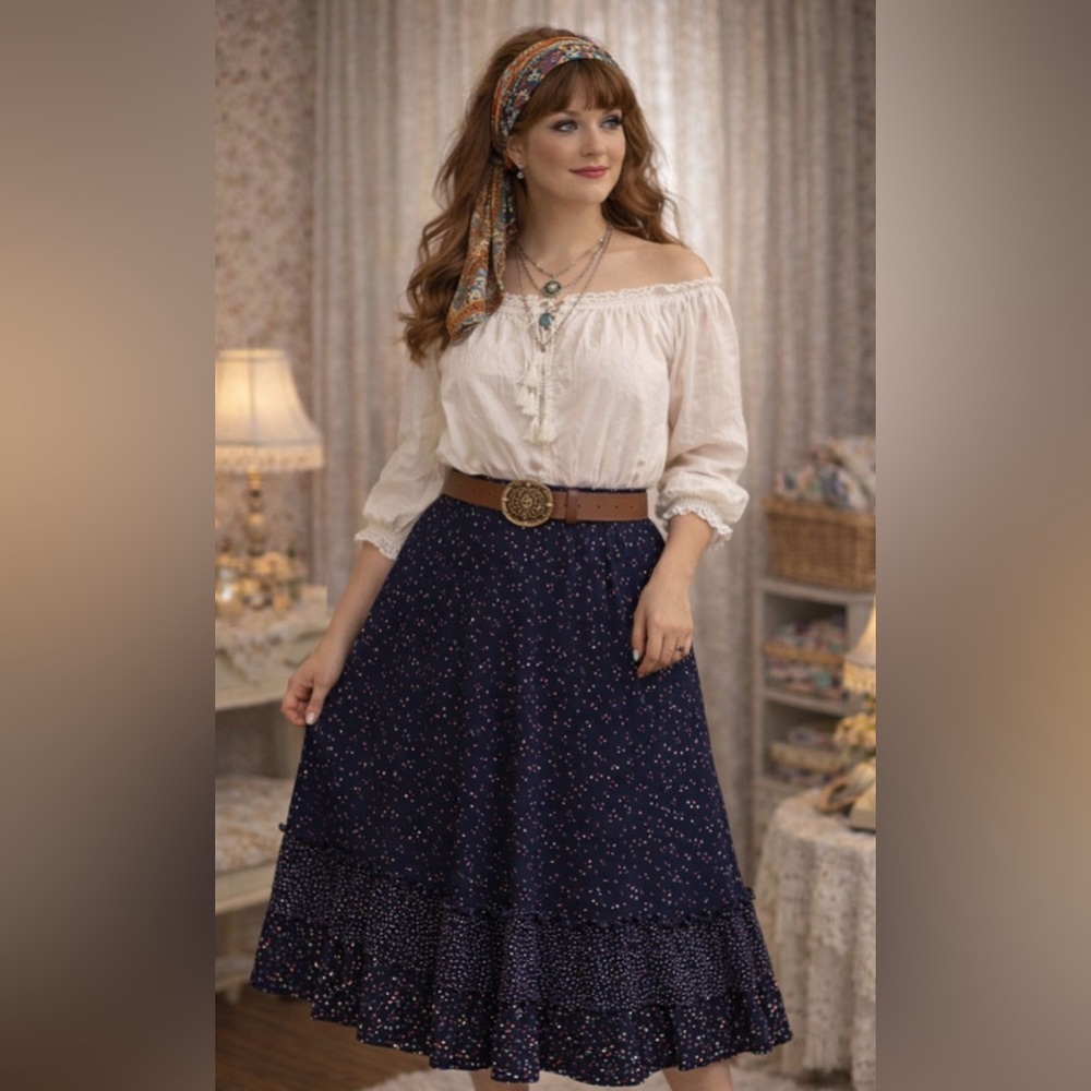 *Vintage 1970’s - gunne sax style prairie skirt -tulips-Ruffled -100% cotton-